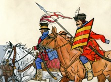 6. K.Cz. Rotmistrz husarski i husarz z czasu bitwy pod Orszą . A.Klein fragment ilustracji w technice mieszanej